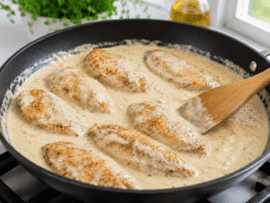 Cooked golden chicken breasts returned to a creamy parmesan sauce in a black frying pan with glossy rich sauce coating each piece evenly in a bright kitchen setting.
