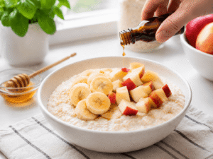 Vanilla essence being drizzled onto a bowl of oatmeal topped with banana slices and apple pieces in a bright kitchen scene.