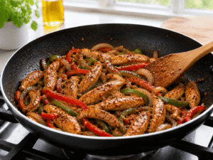 Spicy chicken stir fry seasoned with black pepper and chili flakes while cooking in a frying pan.