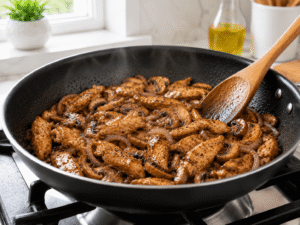Black pepper and salt mixed into chicken mushroom stir fry in a sizzling frying pan.