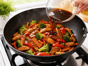 Homemade teriyaki sauce being poured over chicken and vegetables in a sizzling wok