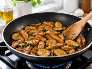 Chicken and zucchini coated in glossy soy sauce and oyster sauce mixture inside a black frying pan.