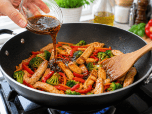 Soy sauce, oyster sauce, fish sauce, brown sugar, and lime juice mixed together in a glass bowl for Thai chicken stir fry sauce.