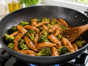 Chicken and broccoli evenly coated with a glossy soy and oyster sauce while being stirred in a hot skillet.