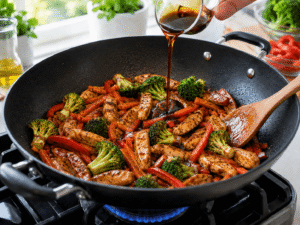 Soy sauce and oyster sauce being poured over chicken and vegetables to coat the 15-Minute Chicken Veggie Stir Fry.
