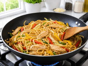 Cooked noodles tossed with chicken and vegetables in a wok for homemade chicken noodle stir fry.