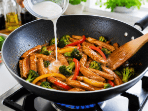 Cornstarch slurry being poured into garlic chicken stir fry to create a thick glossy sauce.