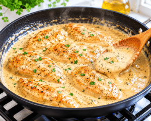 Creamy parmesan chicken simmering in a thick rich garlic sauce inside a black skillet with visible steam, glossy texture, and fresh herb garnish under warm natural light.