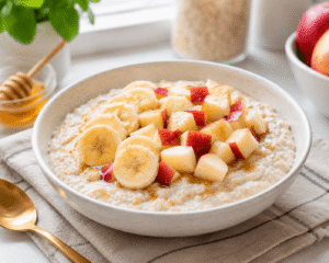 Warm bowl of oatmeal with banana slices, diced apples, and honey served on a cozy breakfast table with natural window light.