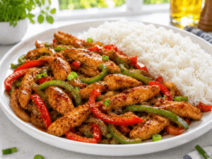 Finished spicy chicken stir fry served hot with white rice in a bright kitchen setting.