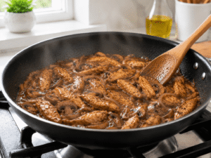 Chicken mushroom stir fry simmering in sauce after adding water with steam rising from the pan.