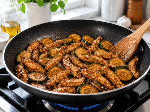 Chicken zucchini stir fry cooking in savory sauce while seasoning with salt and black pepper.