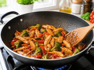 Homemade Thai stir fry sauce being poured over cooked chicken and vegetables in a black wok.
