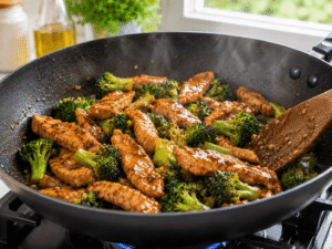 Chicken and broccoli simmering in sauce until the broccoli is tender-crisp and the chicken is fully cooked.