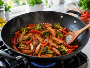 Chicken and vegetables simmering in savory sauce until fully cooked in 15-Minute Chicken Veggie Stir Fry.