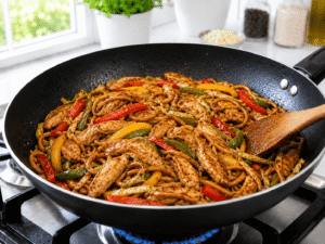 Soy sauce and oyster sauce coating chicken, vegetables, and noodles evenly in chicken noodle stir fry.
