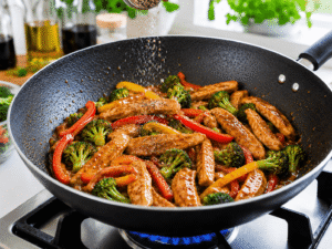 Garlic chicken stir fry seasoned with salt and black pepper while the glossy sauce coats the chicken and vegetables.