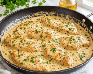 Finished creamy parmesan chicken garnished with fresh parsley and served in a rich creamy garlic parmesan sauce with steam rising in a bright modern kitchen food photography scene.