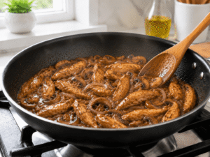 Cornstarch slurry thickening the glossy sauce in chicken mushroom stir fry while cooking in a frying pan.