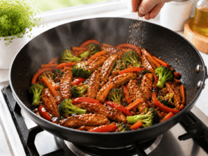 Teriyaki chicken stir fry simmering with thick glossy sauce while salt and black pepper are added