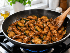 Hot chicken zucchini stir fry simmering in glossy sauce in a black skillet with steam rising.