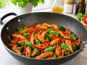 Finished Thai chicken stir fry with tender chicken, colorful vegetables, glossy sauce, and fresh basil leaves in a black wok.