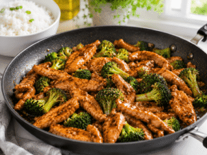 Healthy chicken broccoli stir fry served hot in a skillet with steamed white rice for an easy homemade dinner.