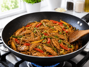Sesame oil and black pepper mixed into chicken noodle stir fry before serving, creating a glossy flavorful finish.