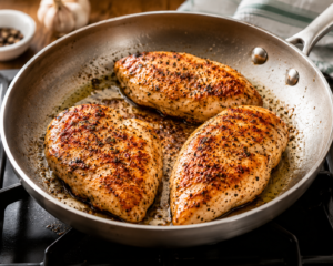 Golden-browned chicken breasts in skillet