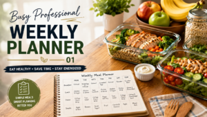 alt="Busy Professional Weekly Planner 01 feature image showing healthy weekly meal prep containers with grilled chicken, quinoa, fresh vegetables, fruits, and a weekly meal planner notebook on a wooden kitchen table, cinematic lighting, organized healthy eating concept for busy professionals"