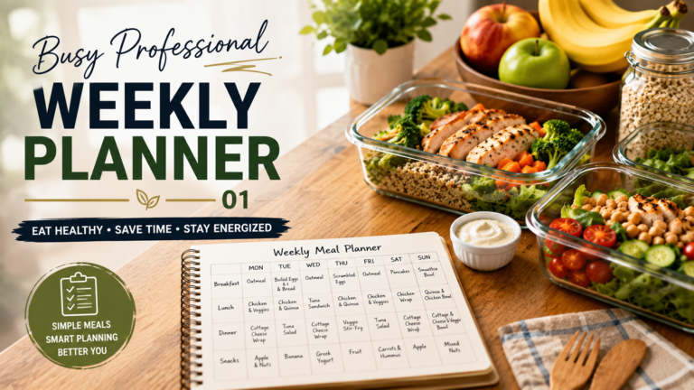 alt="Busy Professional Weekly Planner 01 feature image showing healthy weekly meal prep containers with grilled chicken, quinoa, fresh vegetables, fruits, and a weekly meal planner notebook on a wooden kitchen table, cinematic lighting, organized healthy eating concept for busy professionals"