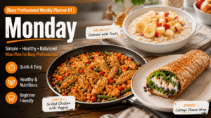 Cinematic 16:9 food blog feature image showing Busy Professional Weekly Planner 01 Monday meal plan with oatmeal and fruits for breakfast, grilled chicken with vegetables for lunch, and cottage cheese wrap for dinner in a warm modern kitchen setting.