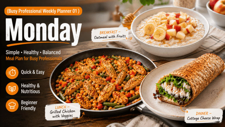 Cinematic 16:9 food blog feature image showing Busy Professional Weekly Planner 01 Monday meal plan with oatmeal and fruits for breakfast, grilled chicken with vegetables for lunch, and cottage cheese wrap for dinner in a warm modern kitchen setting.