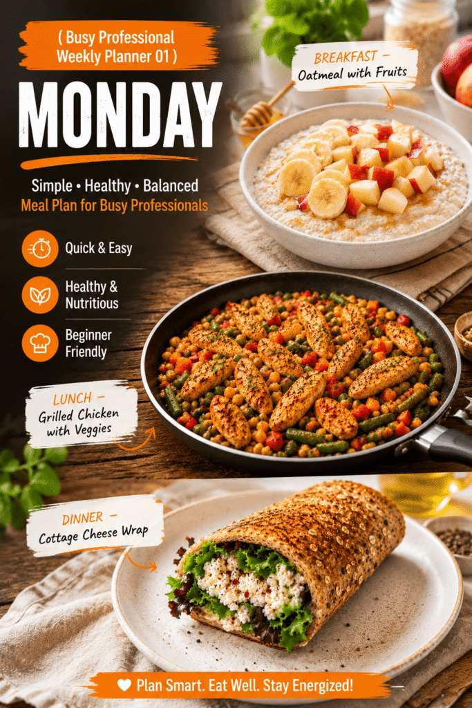 Square social media meal planner graphic featuring Busy Professional Weekly Planner 01 Monday with oatmeal and fruits for breakfast, grilled chicken with vegetables for lunch, and cottage cheese wrap for dinner in a warm modern kitchen setting with healthy lifestyle icons and bold typography.