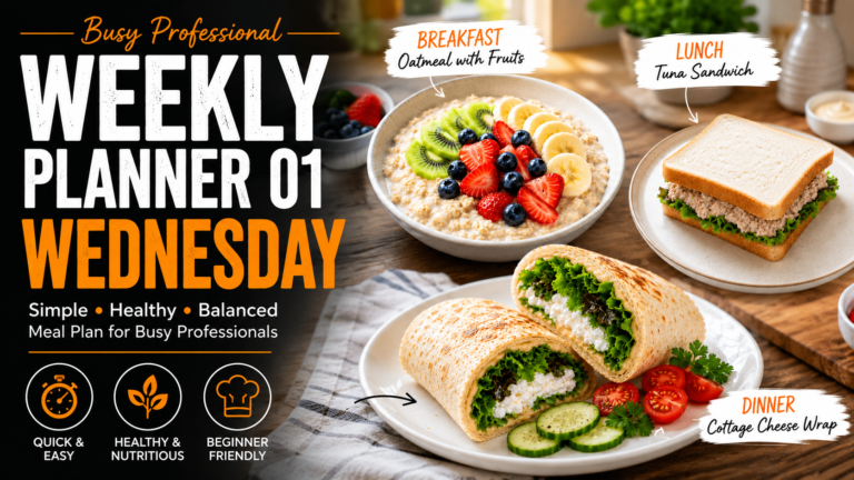 Feature image showcasing Busy Professional Weekly Planner 01 for Wednesday with three healthy meals including Oatmeal with Fruits for breakfast, Tuna Sandwich for lunch, and Cottage Cheese Wrap for dinner in a bright modern kitchen setting, healthy meal prep plan for busy professionals.