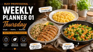 Busy Professional Weekly Planner 01 Thursday meal plan feature image showing Scrambled Eggs for breakfast, Grilled Chicken with Quinoa for lunch, and Mixed Veggie Stir-Fry for dinner in a modern kitchen food blog banner.