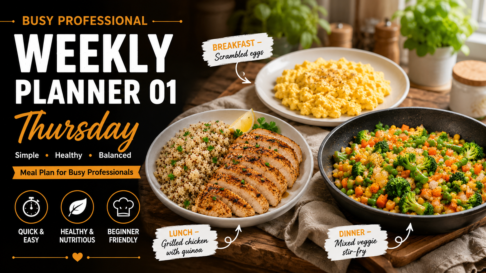 Busy Professional Weekly Planner 01 Thursday meal plan feature image showing Scrambled Eggs for breakfast, Grilled Chicken with Quinoa for lunch, and Mixed Veggie Stir-Fry for dinner in a modern kitchen food blog banner.