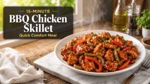 15-Minute BBQ Chicken Skillet plated on a white dish with glossy barbecue sauce coated chicken, sautéed bell peppers, onions, and fresh parsley garnish in a bright modern kitchen with natural window light, rustic wooden table, and professional food blog styling.