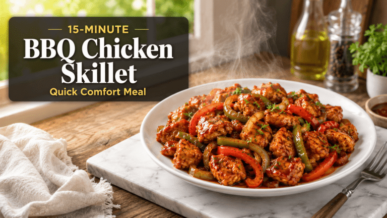 15-Minute BBQ Chicken Skillet plated on a white dish with glossy barbecue sauce coated chicken, sautéed bell peppers, onions, and fresh parsley garnish in a bright modern kitchen with natural window light, rustic wooden table, and professional food blog styling.