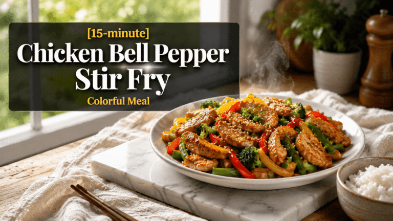Ultra realistic 15-minute chicken bell pepper stir fry served on a white plate with glossy chicken strips, red and yellow bell peppers, broccoli, green beans, sesame seeds, and chopped green onions on a marble board in a bright natural light kitchen. Hot steam rising from the freshly cooked healthy dinner beside a bowl of white rice and chopsticks, with elegant food blog title banner overlay.