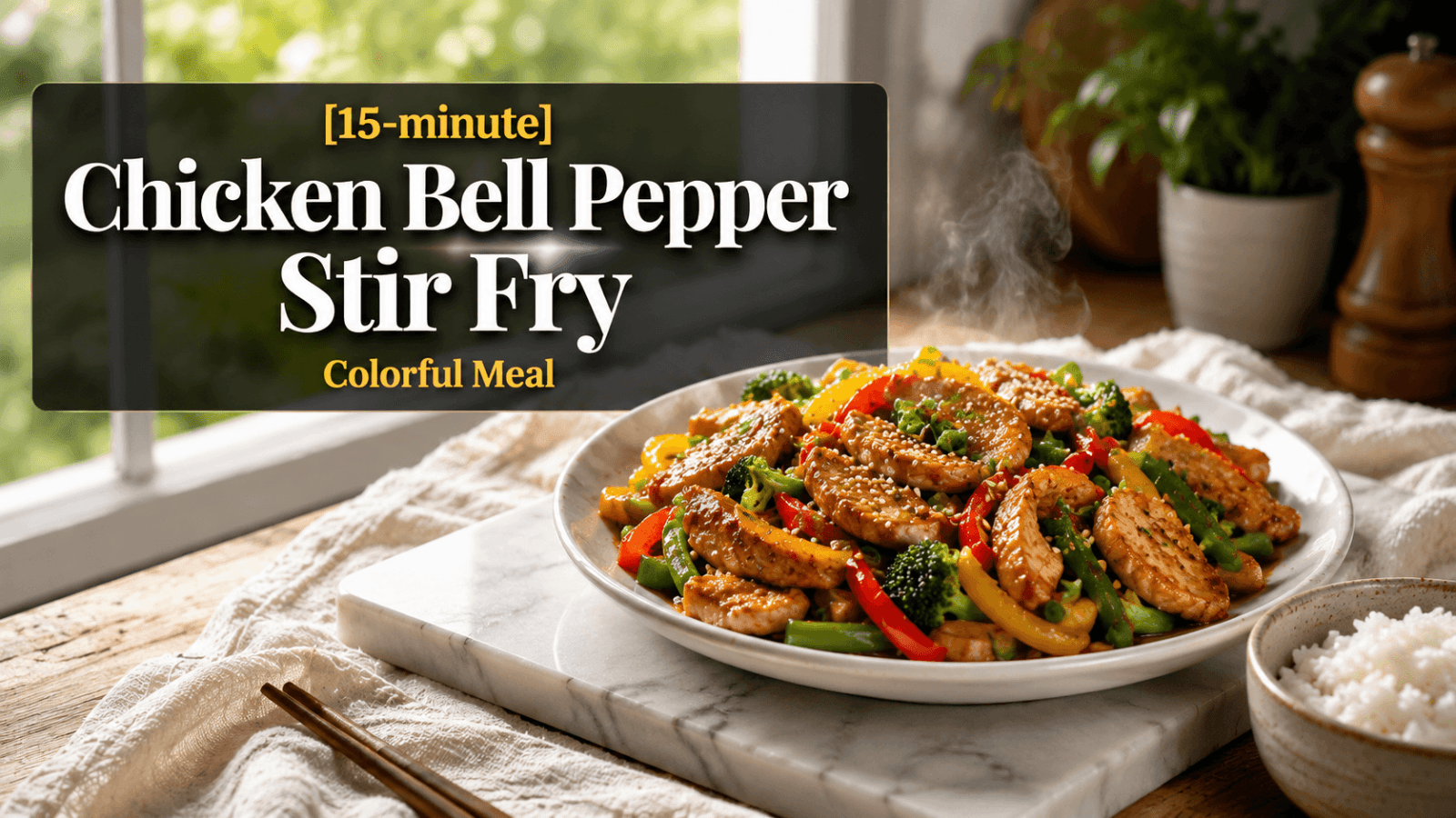 Ultra realistic 15-minute chicken bell pepper stir fry served on a white plate with glossy chicken strips, red and yellow bell peppers, broccoli, green beans, sesame seeds, and chopped green onions on a marble board in a bright natural light kitchen. Hot steam rising from the freshly cooked healthy dinner beside a bowl of white rice and chopsticks, with elegant food blog title banner overlay.