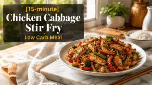 Ultra-realistic 15-Minute Chicken Cabbage Stir Fry served on a white plate with glossy caramelized chicken, cabbage, broccoli, green beans, and red bell peppers, garnished with sesame seeds and chopped green onions on a marble slab in a bright natural light kitchen with steamed hot low carb meal presentation and elegant food blog title banner.