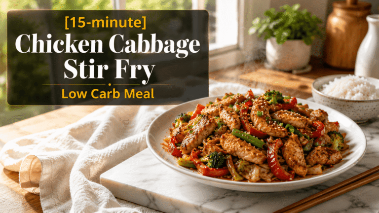 Ultra-realistic 15-Minute Chicken Cabbage Stir Fry served on a white plate with glossy caramelized chicken, cabbage, broccoli, green beans, and red bell peppers, garnished with sesame seeds and chopped green onions on a marble slab in a bright natural light kitchen with steamed hot low carb meal presentation and elegant food blog title banner.