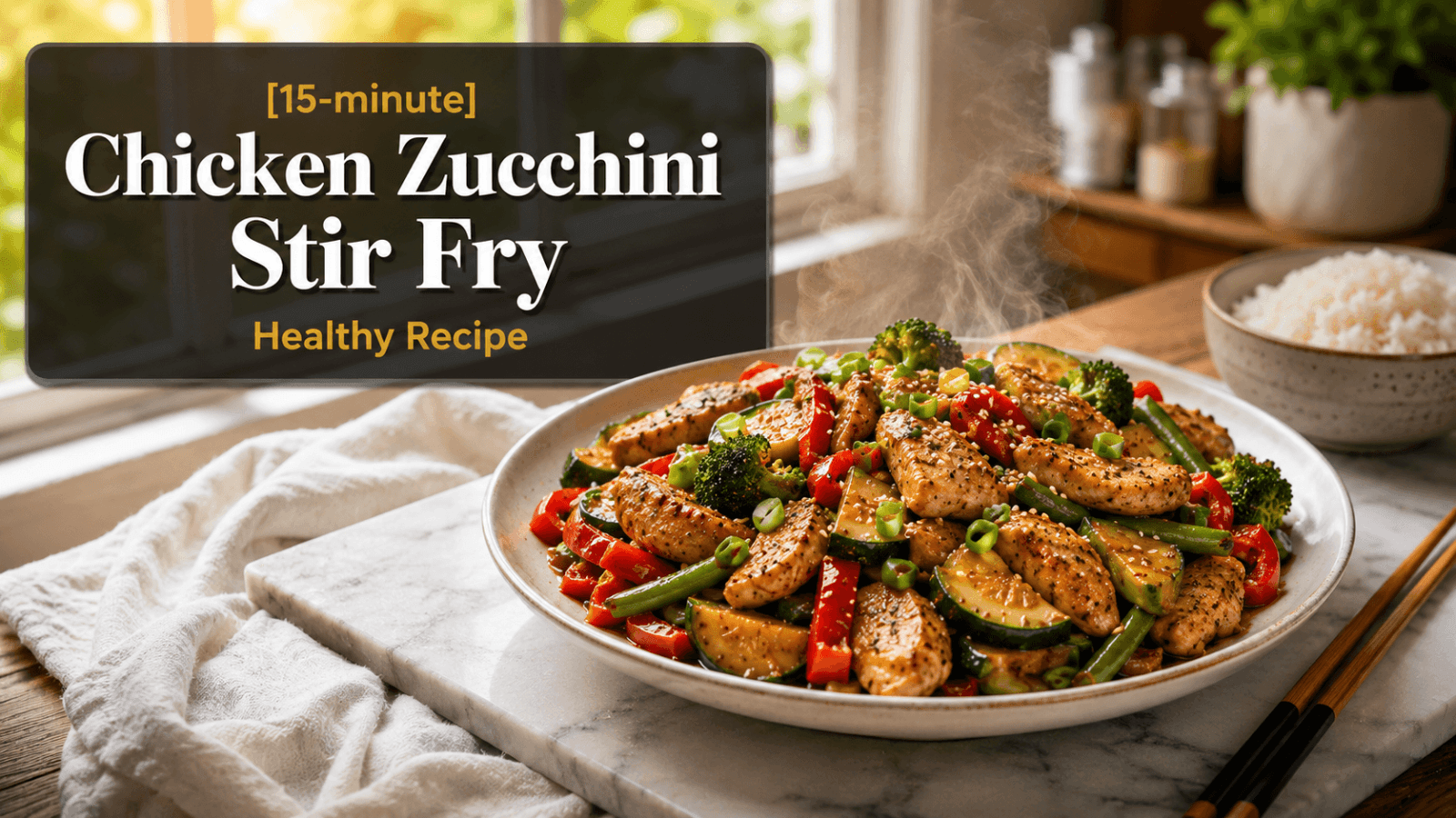 Ultra realistic 15-Minute Chicken Mushroom Stir Fry served on a white plate with glossy chicken, mushrooms, broccoli, green beans, and red bell peppers in rich savory sauce, garnished with sesame seeds and green onions, steaming hot on a marble slab in a bright natural light kitchen with modern food blog title banner.