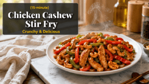 Ultra realistic 15-Minute Chicken Cashew Stir Fry served on a white plate with glossy chicken strips, roasted cashews, red and green bell peppers, and onions coated in savory stir fry sauce, photographed in bright natural kitchen light with steam rising, modern food blog hero banner style.