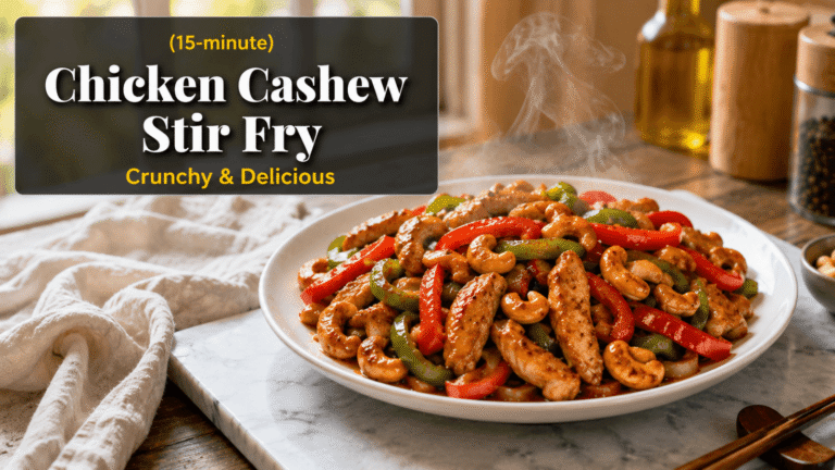 Ultra realistic 15-Minute Chicken Cashew Stir Fry served on a white plate with glossy chicken strips, roasted cashews, red and green bell peppers, and onions coated in savory stir fry sauce, photographed in bright natural kitchen light with steam rising, modern food blog hero banner style.