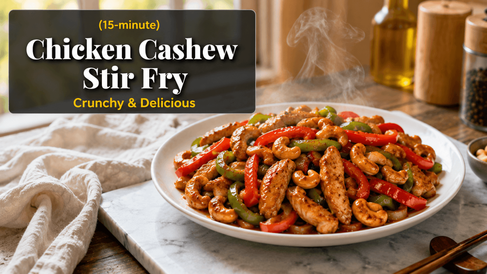 Ultra realistic 15-Minute Chicken Cashew Stir Fry served on a white plate with glossy chicken strips, roasted cashews, red and green bell peppers, and onions coated in savory stir fry sauce, photographed in bright natural kitchen light with steam rising, modern food blog hero banner style.