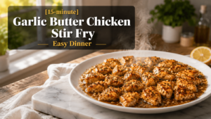 15-Minute Garlic Butter Chicken Stir Fry served on a white plate with juicy golden-brown chicken pieces coated in rich garlic butter sauce, chili flakes, black pepper, and herbs on a marble slab in a bright modern kitchen with natural daylight and steam rising from the freshly cooked easy dinner recipe.