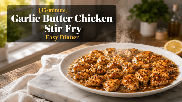 15-Minute Garlic Butter Chicken Stir Fry served on a white plate with juicy golden-brown chicken pieces coated in rich garlic butter sauce, chili flakes, black pepper, and herbs on a marble slab in a bright modern kitchen with natural daylight and steam rising from the freshly cooked easy dinner recipe.