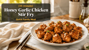 15-Minute Honey Garlic Chicken Stir Fry served hot on a white plate with glossy garlic sauce, tender golden chicken pieces, and light steam rising in a bright modern kitchen. Ultra realistic food photography with natural window light, rustic wooden table, marble slab, and elegant food blog banner design.